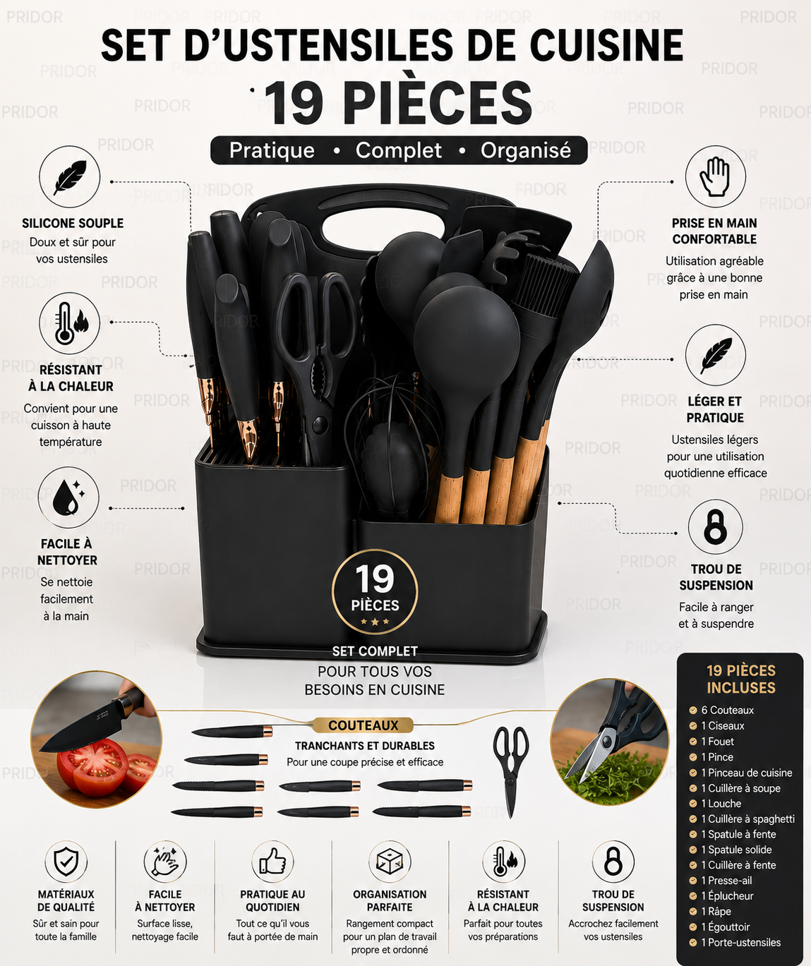 Set d'Ustensiles de Cuisine 19 Pièces - Pratique, Complet et Organisé