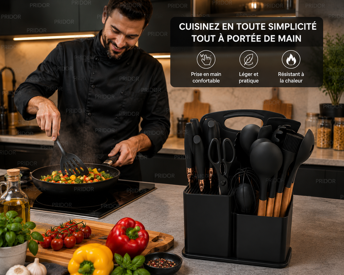Set d'Ustensiles de Cuisine 19 Pièces - Pratique, Complet et Organisé