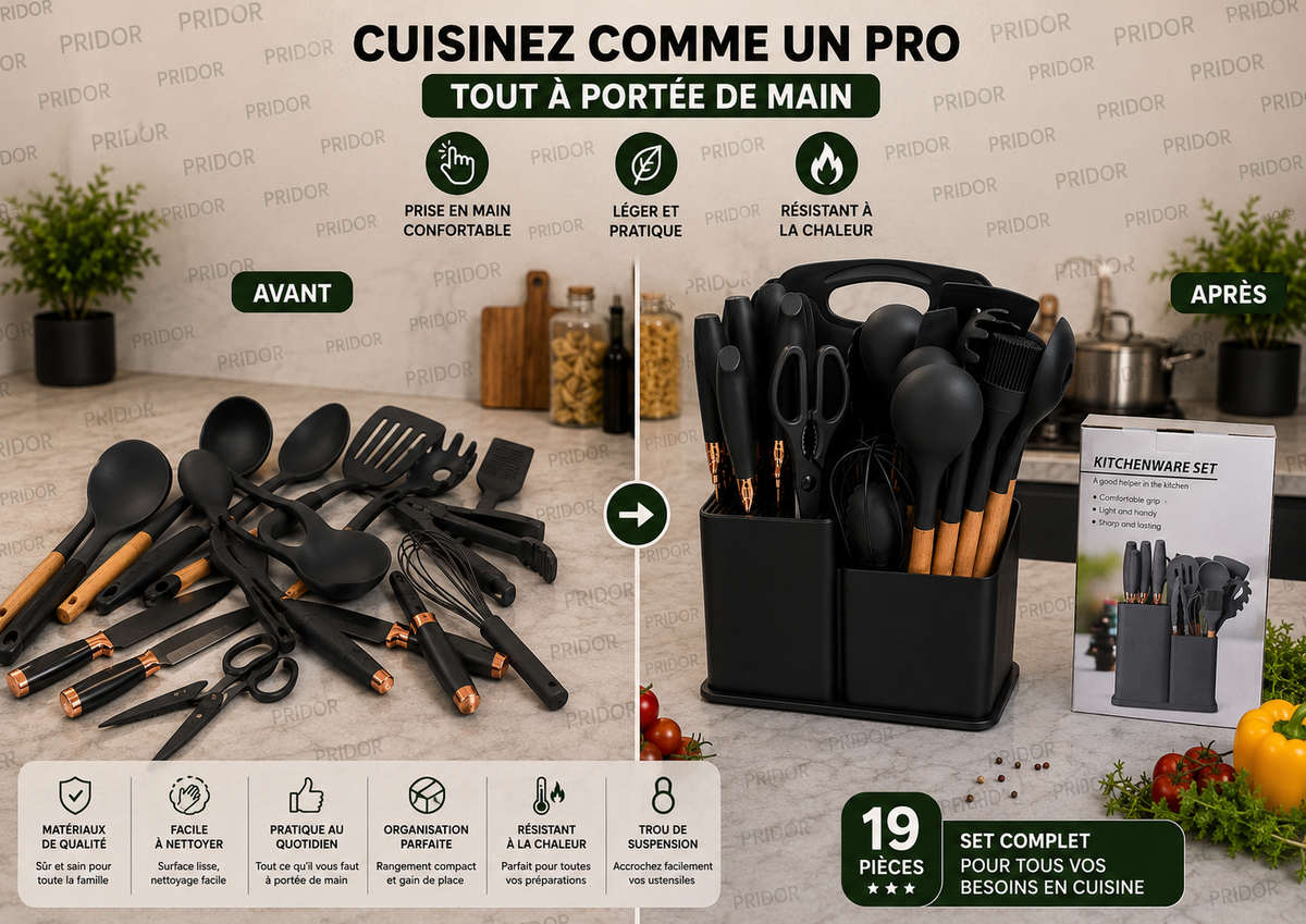 Set d'Ustensiles de Cuisine 19 Pièces - Pratique, Complet et Organisé