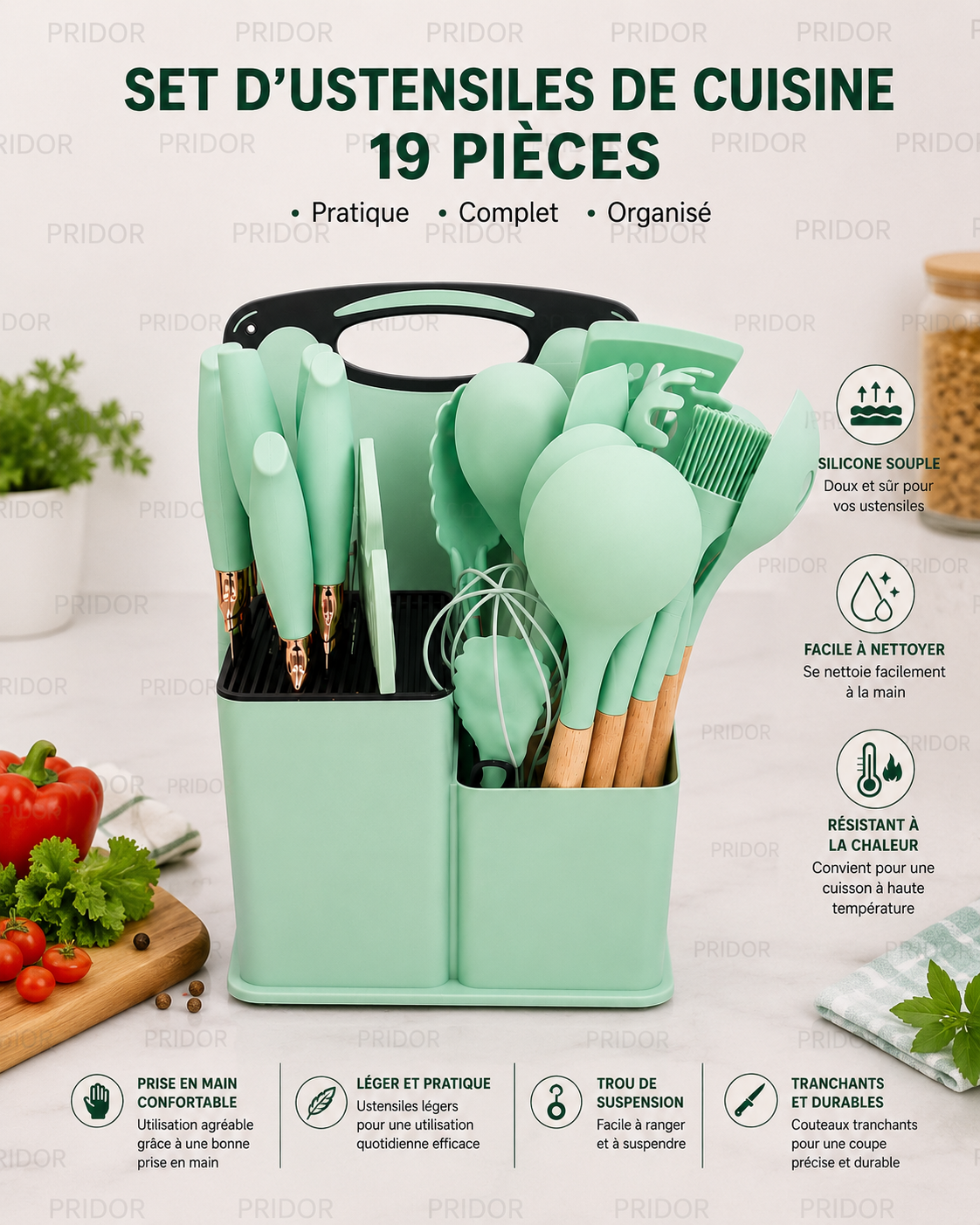 Set d'Ustensiles de Cuisine 19 Pièces - Pratique, Complet et Organisé