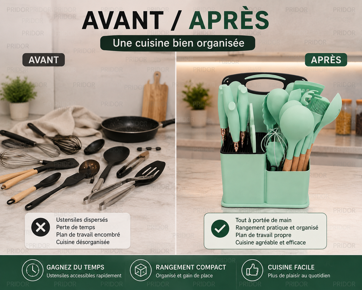 Set d'Ustensiles de Cuisine 19 Pièces - Pratique, Complet et Organisé