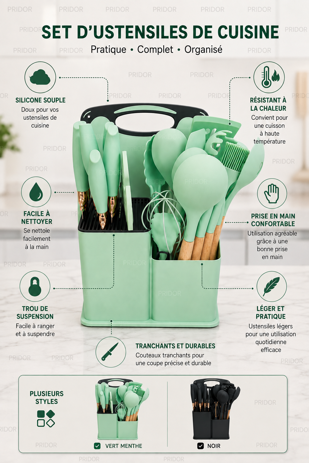 Set d'Ustensiles de Cuisine 19 Pièces - Pratique, Complet et Organisé
